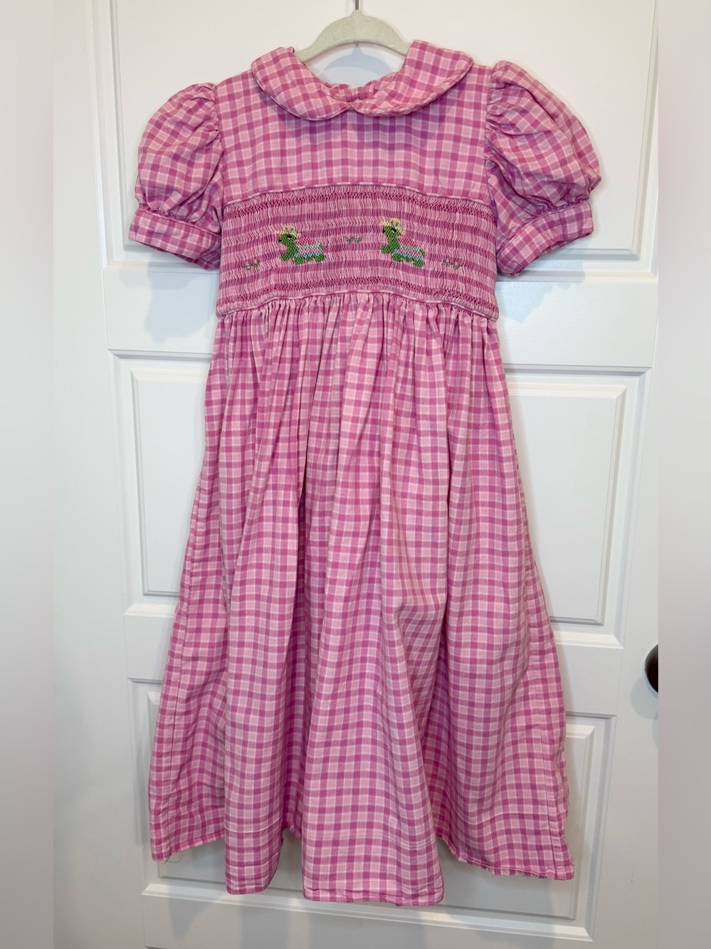 Strasburg Girls Pink Checked Dress Smocked With Turtles Puff Sleeves Size 5 READ